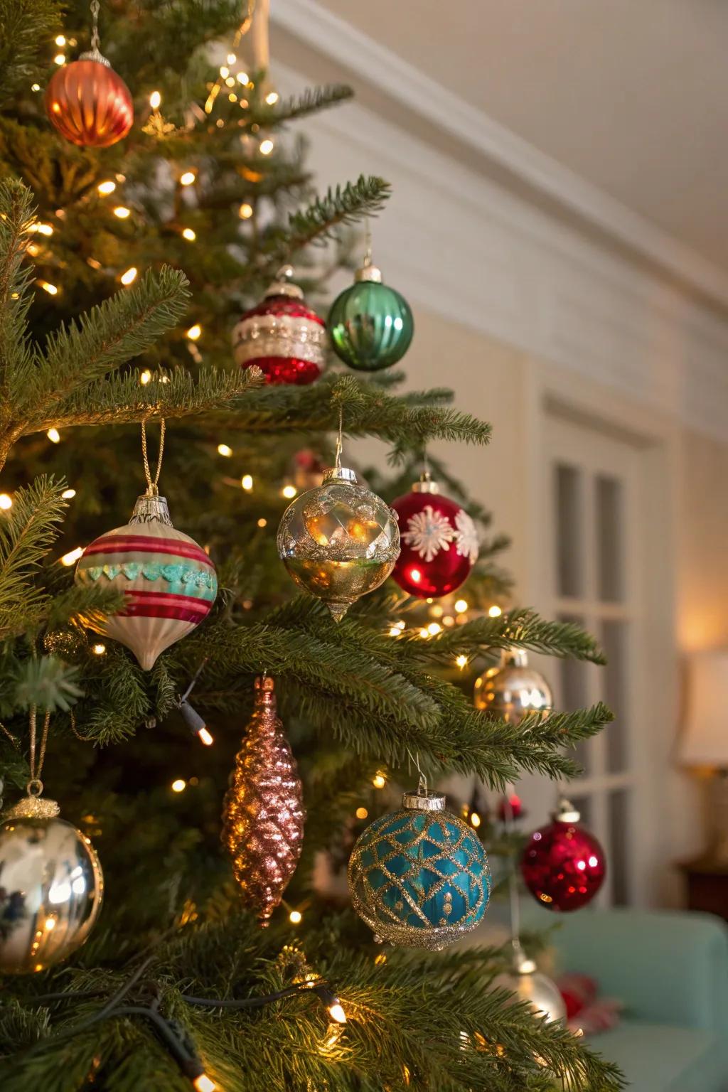 Retro ornaments imbue any Christmas tree with vibrant allure.