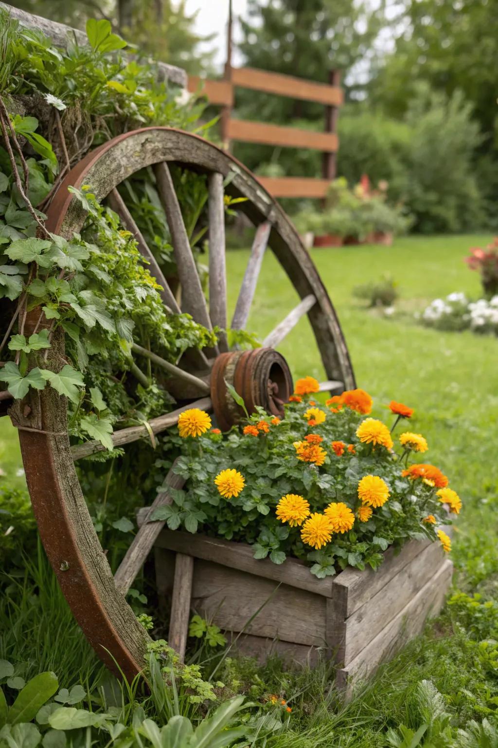 A cartwheel planter decorated with lively calendulas and cascading vines.