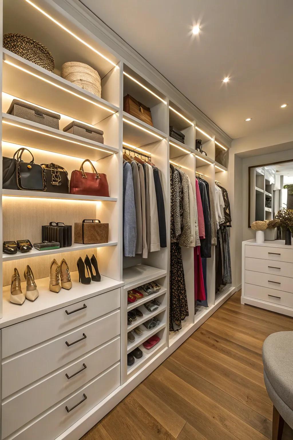 Utilize the full height of your closet with soaring shelves for comprehensive storage.