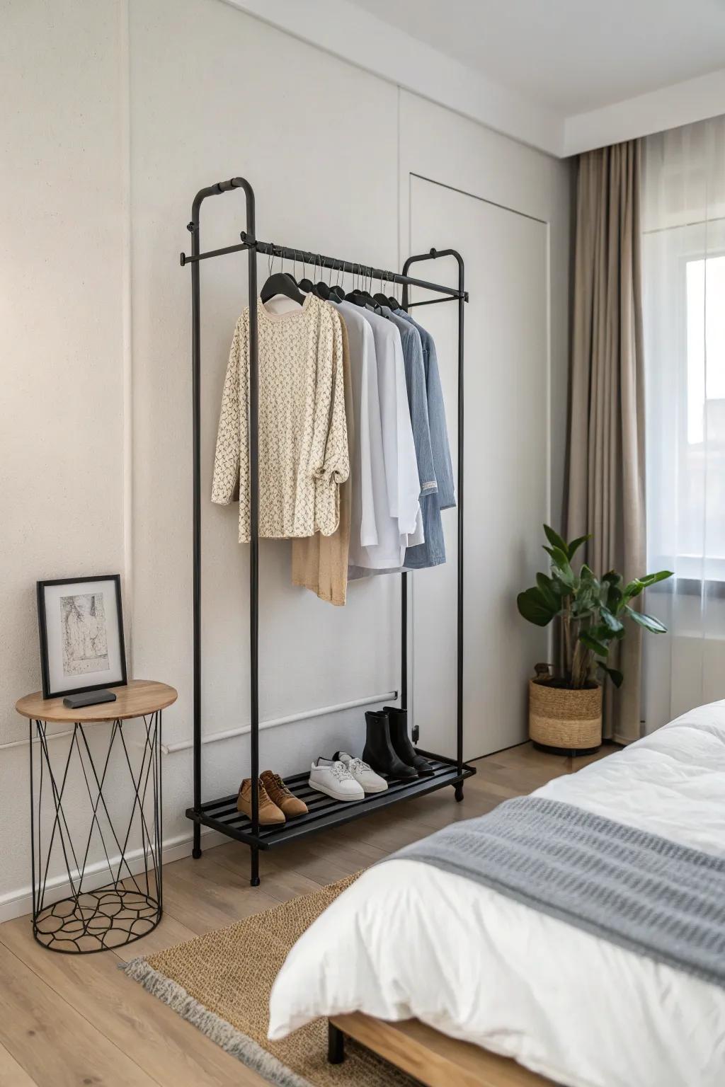 A minimalist bedroom featuring a sleek wall-mounted clothing rack.