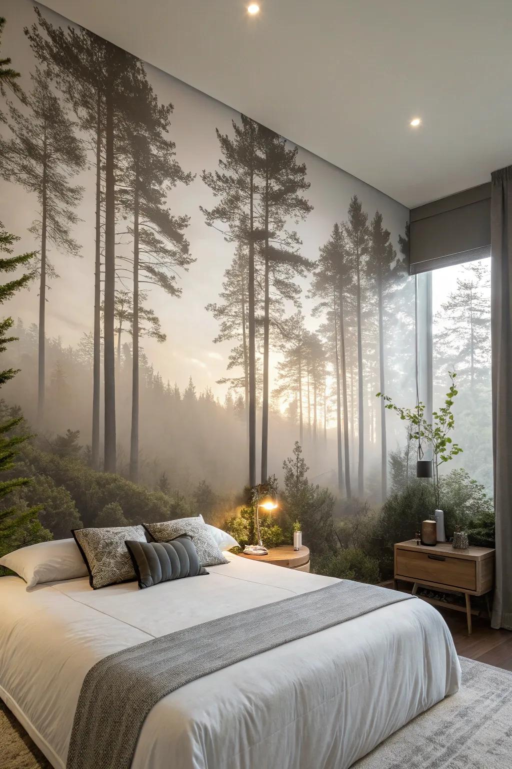 Create a calming sanctuary with a forest wall mural in your bedroom.