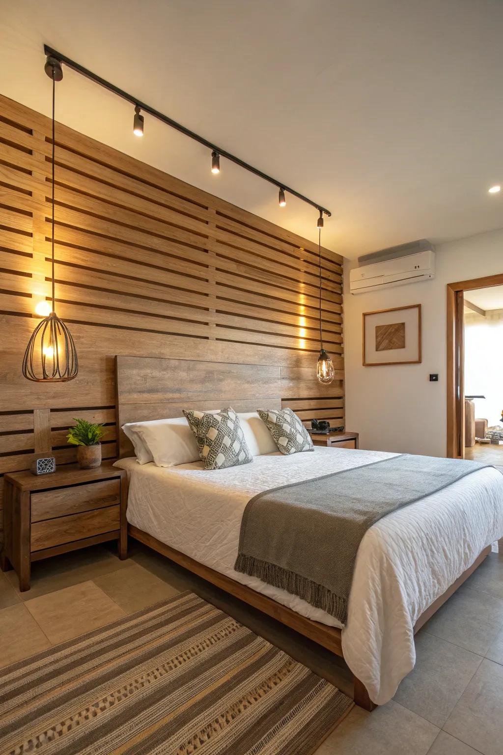 Horizontal wood slats give the illusion of a wider, more expansive room.