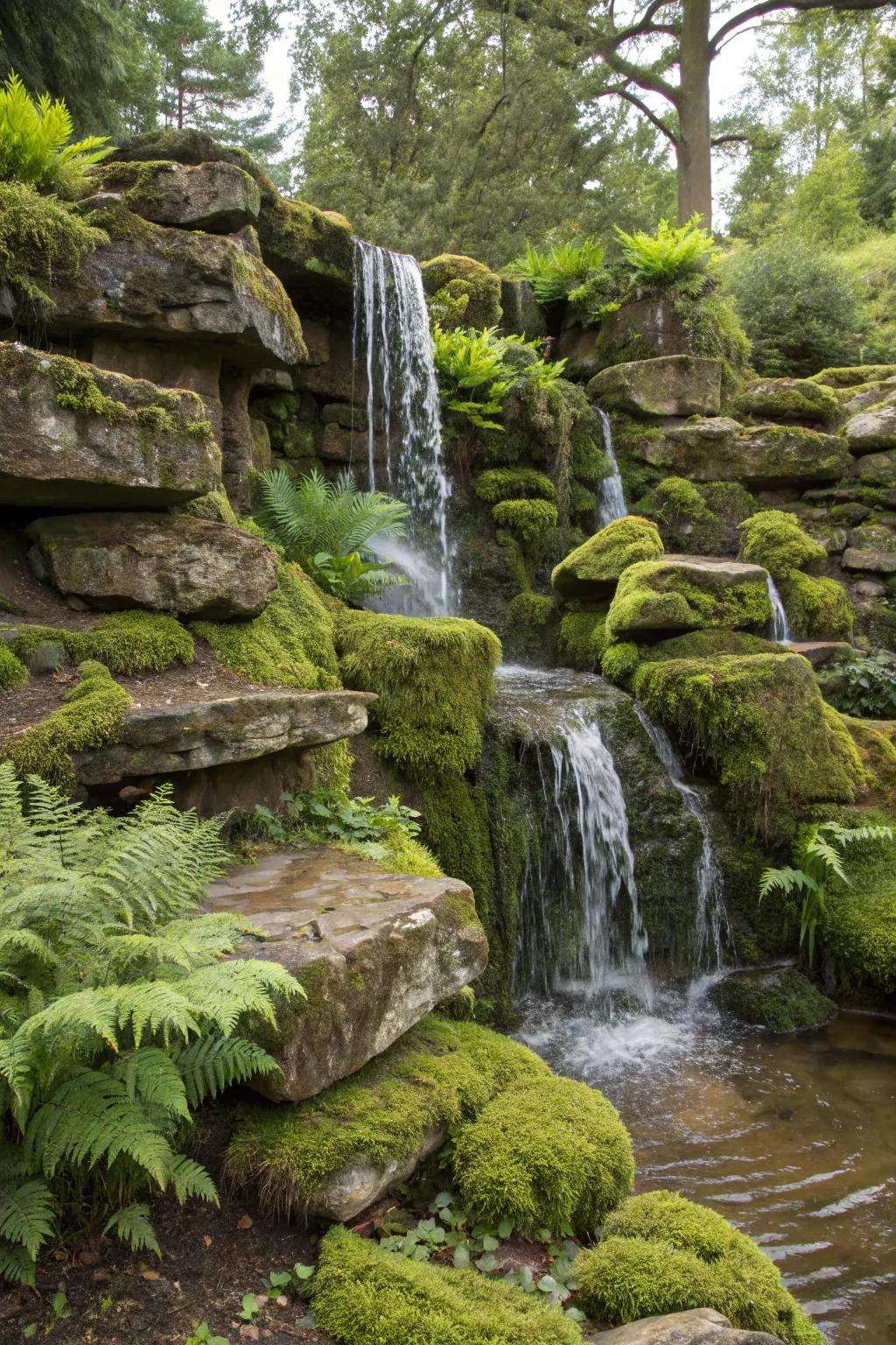 A layered rock cascade creates a soothing soundscape in the garden.