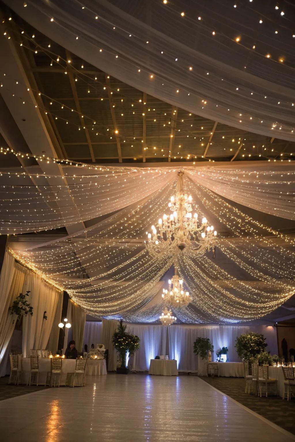 A wedding locale reimagined with an overhead twinkle light spectacle.