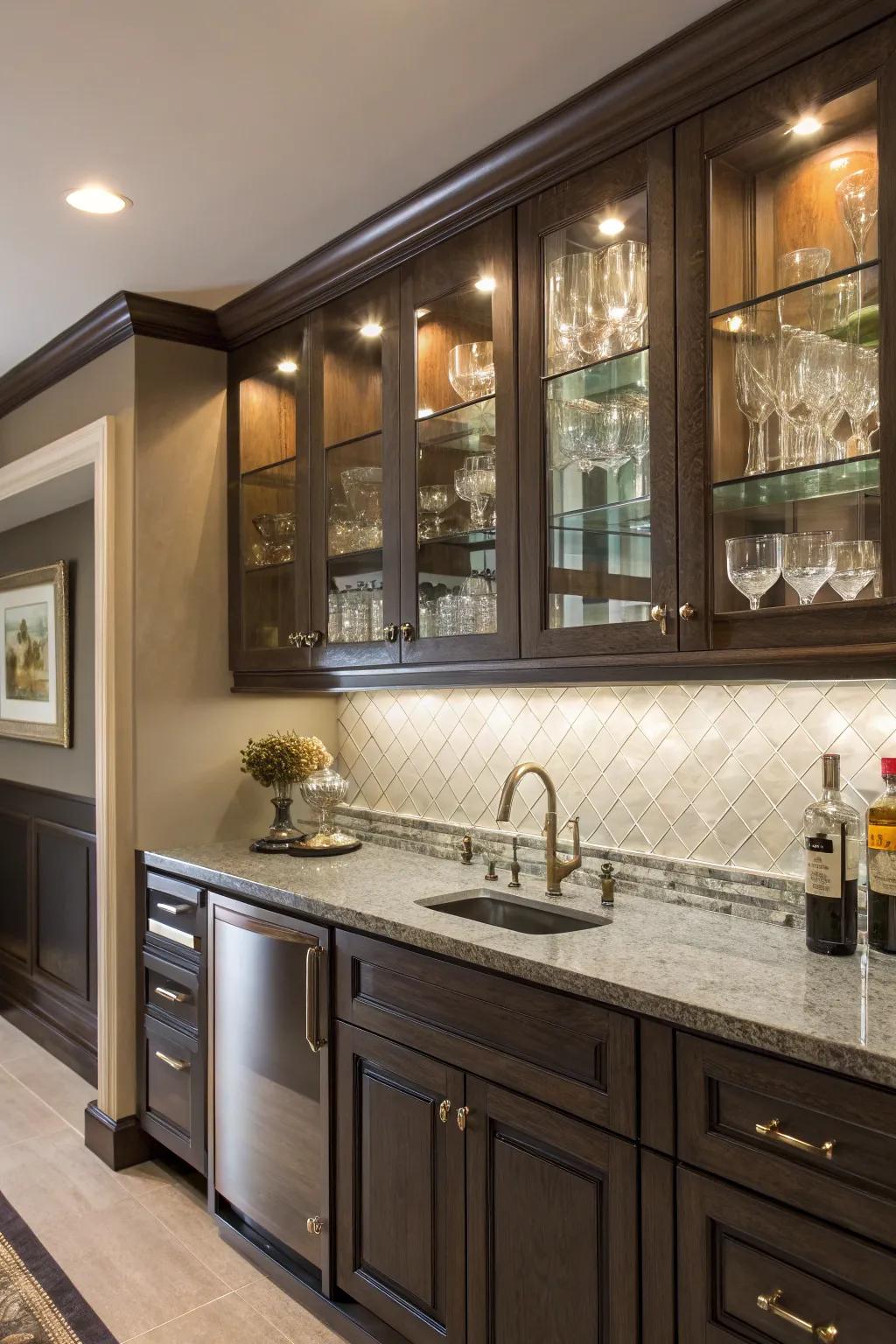 Showcase your glassware with elegant upper glass cabinets.