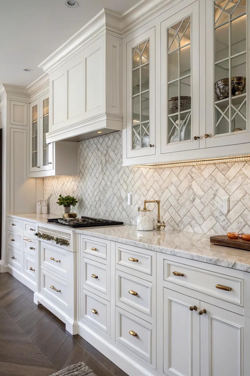 Herringbone marble design, infusing sophistication into a kitchen with white cabinets.
