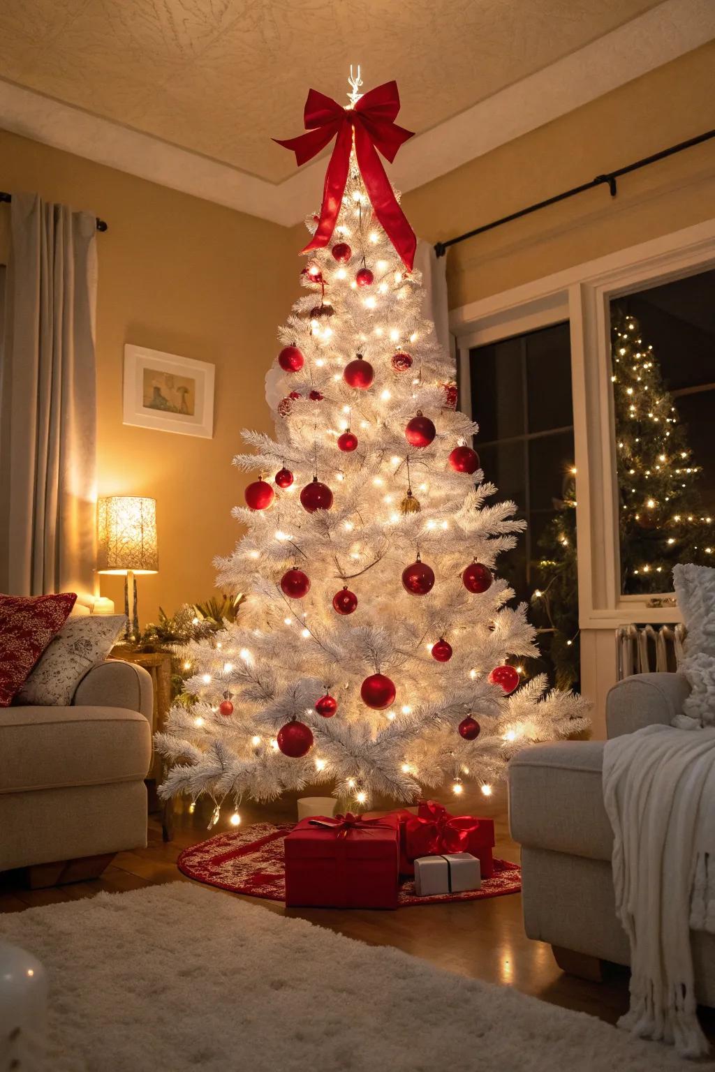 Classic red and white theme on a white Christmas tree.