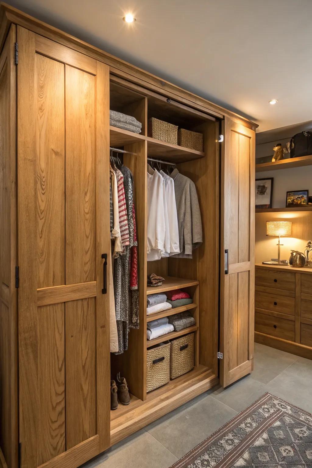 A closet that celebrates the beauty of natural wood textures.