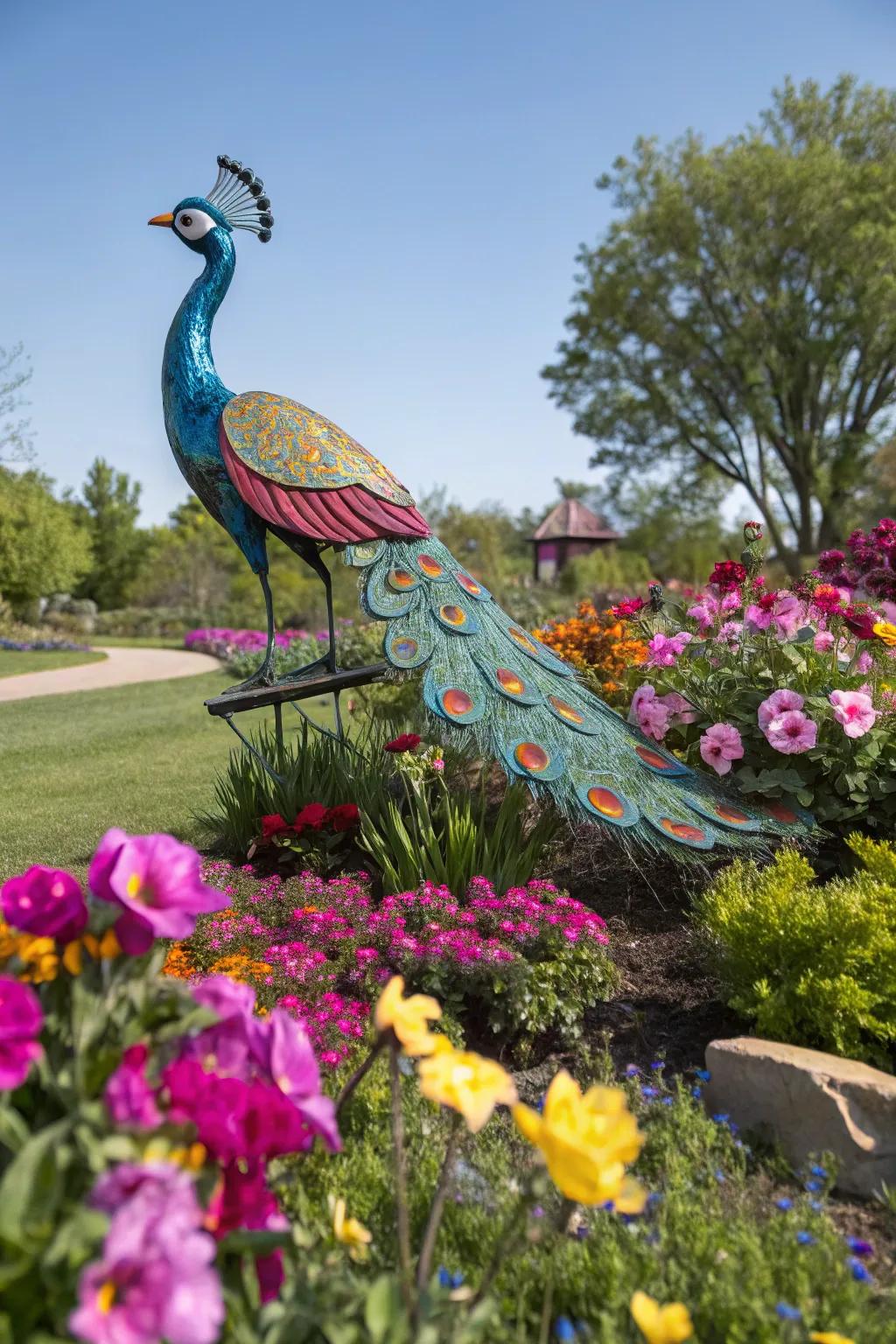 A metal peacock sculpture adds a touch of whimsy to this blooming garden.