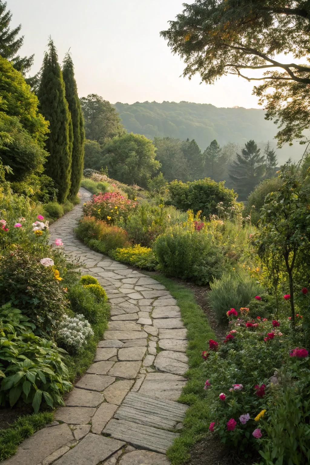 Stone pathways guide guests through the beauty of your garden.