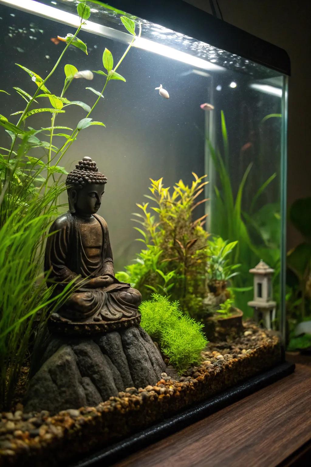 A Buddha statue brings calmness to this zen fish tank.