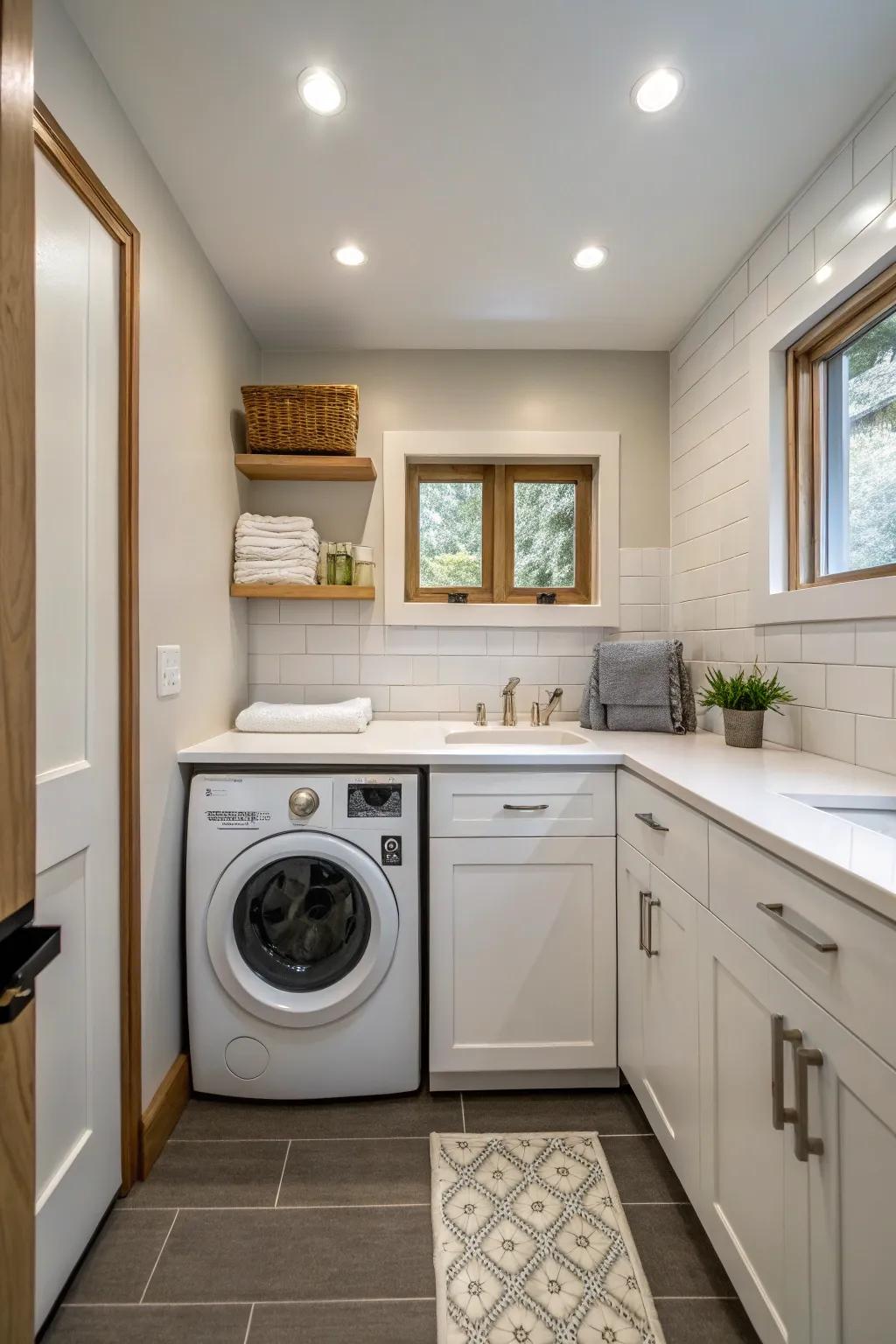 Integrated laundry area within the bathroom for dual-purpose design.