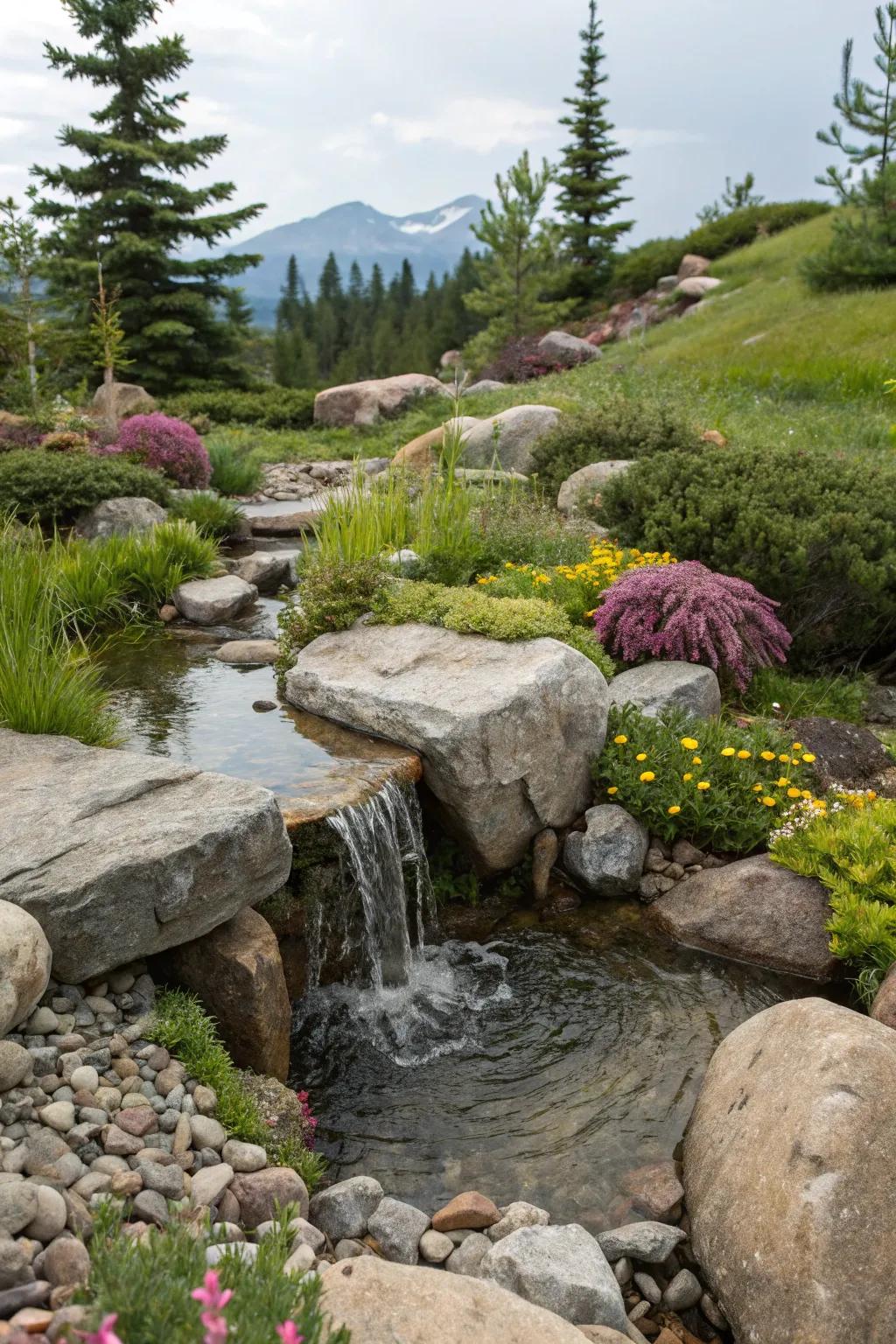 A tranquil water feature nestled in an alpine setting.