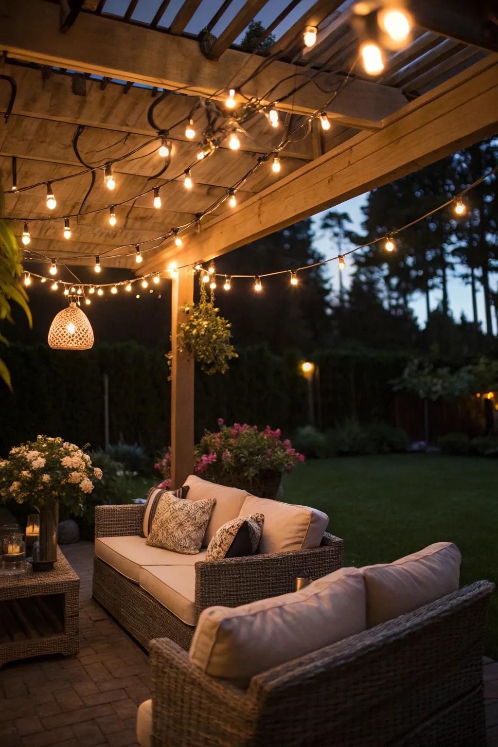 Suspended lights contribute a bewitching radiance to your patio.