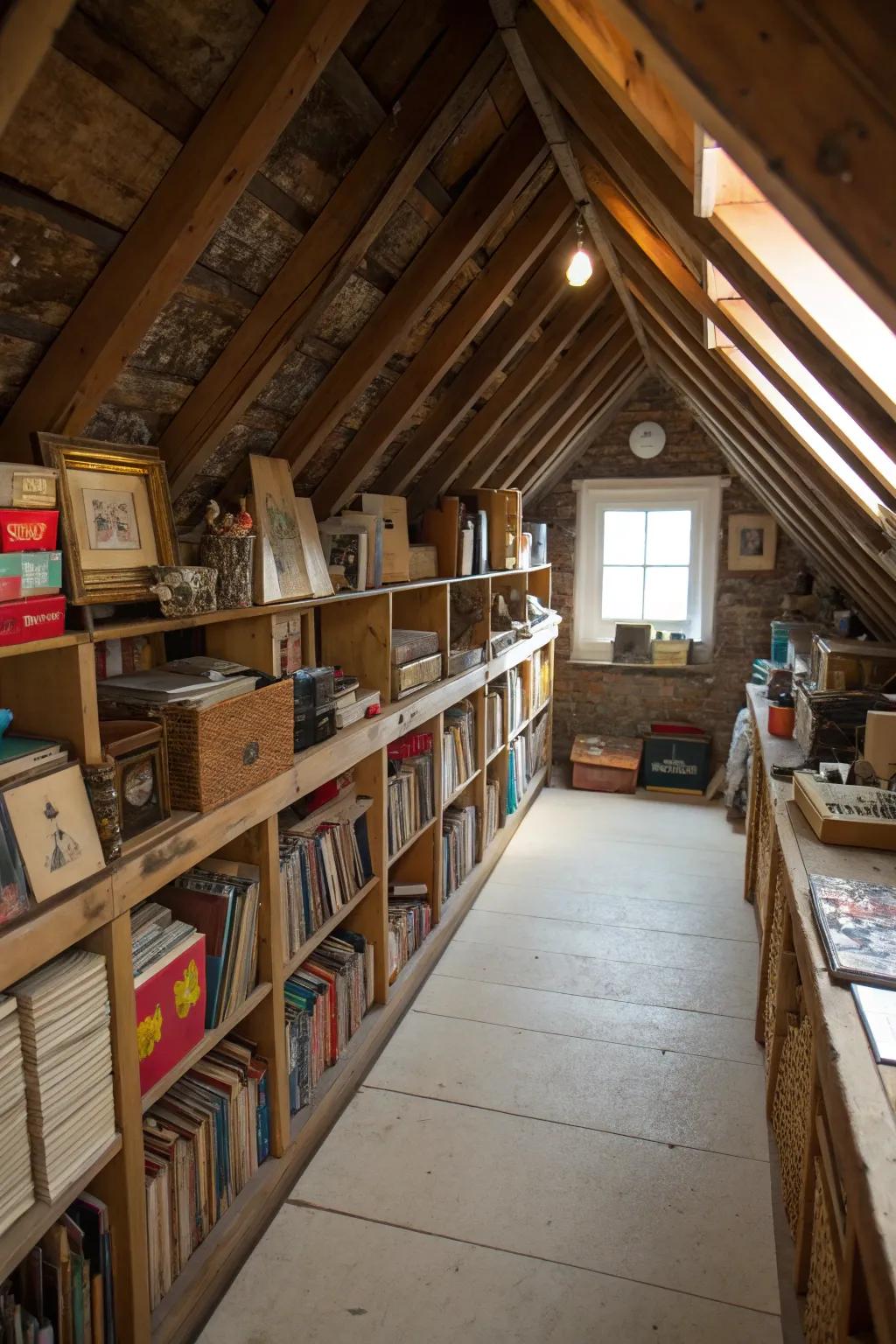 Shelving between rafters uses every inch.