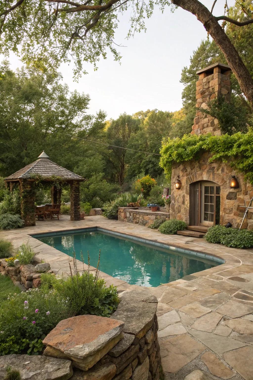 A pool design with rustic stone and earthy charm.