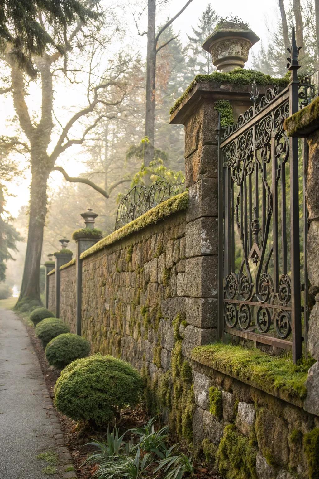 An elegant rock wall accentuated with artistic ironwork.