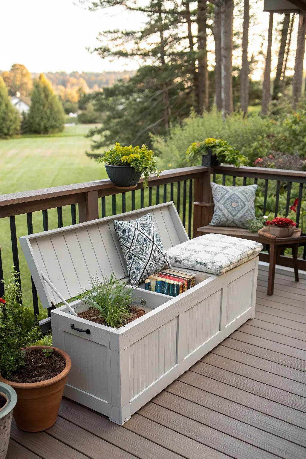 Storage options aid in maintaining an organized, tidy deck.