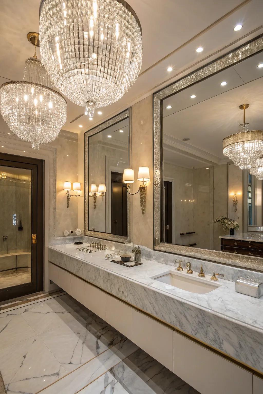 Crystal fixtures add glamour and sparkle to the bathroom.