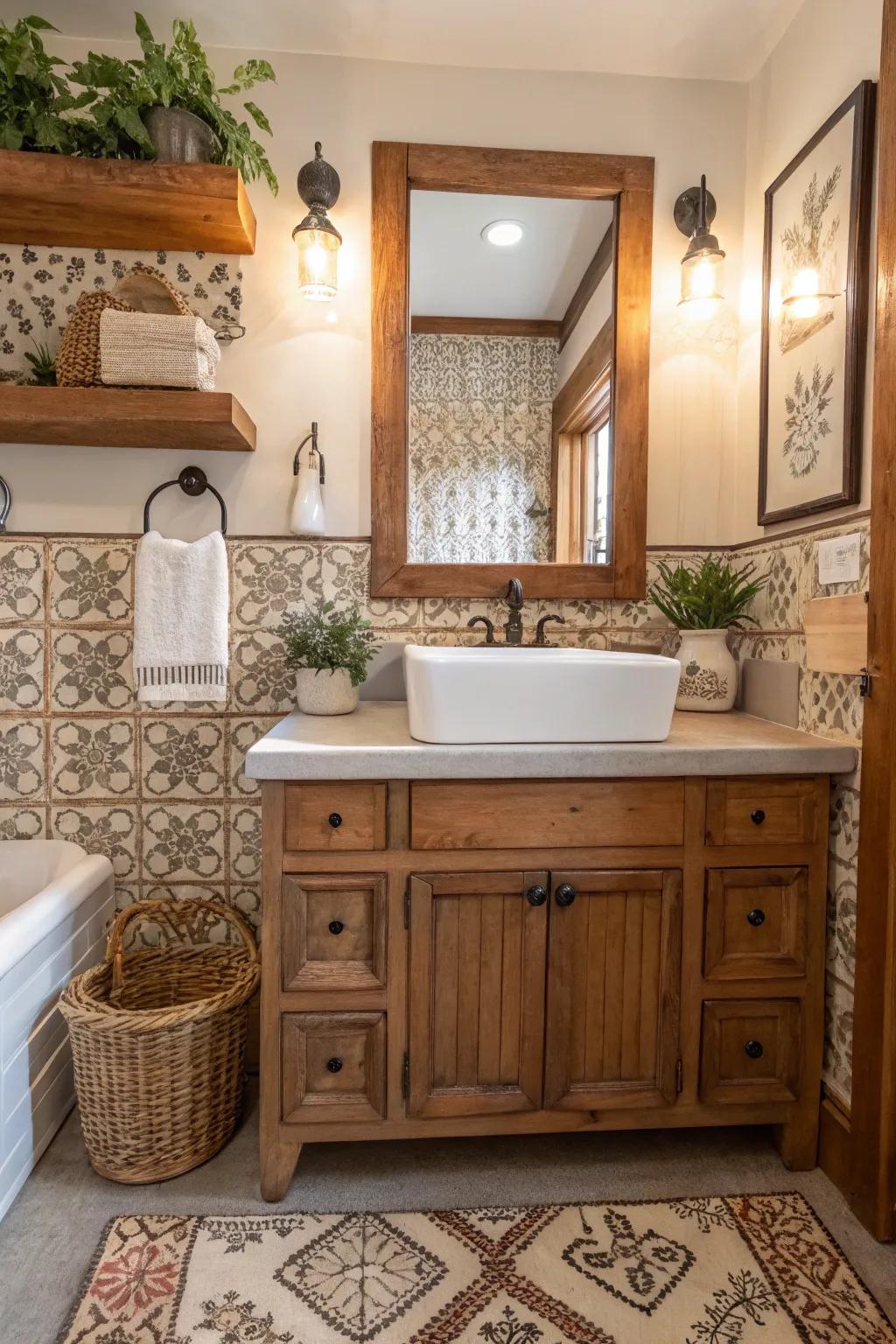Farmhouse sink design radiates rustic charm.