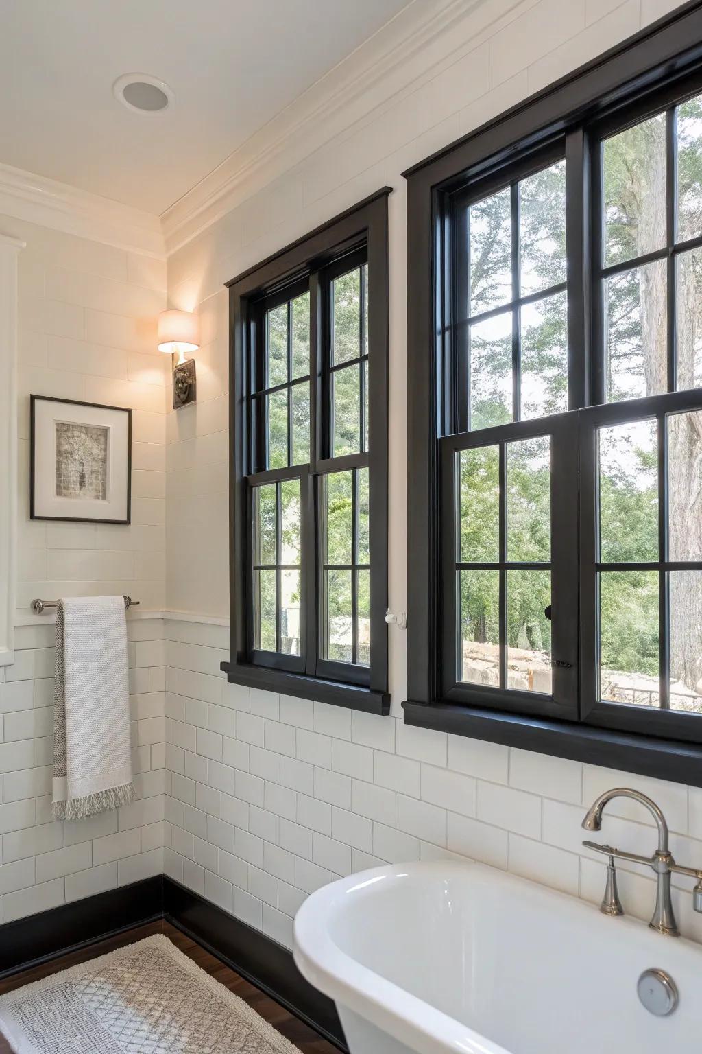 Dark frames creating striking visual contrast in the bathroom.