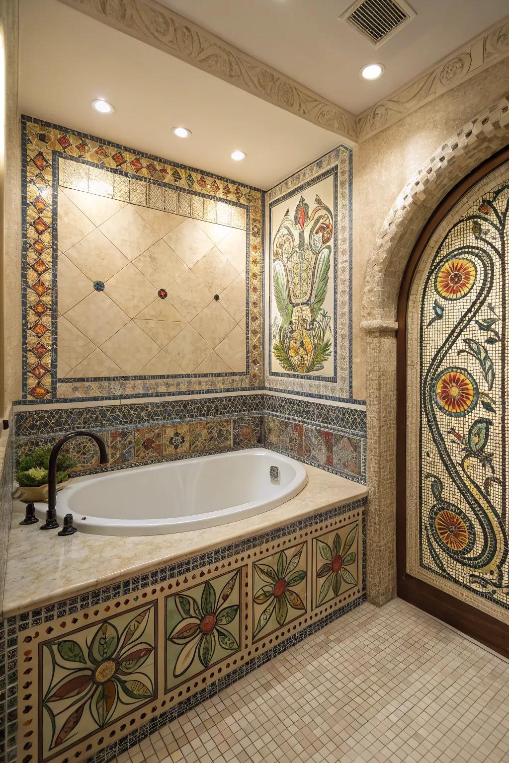 Tessellated designs convert bathtub partitions into artistic masterpieces.