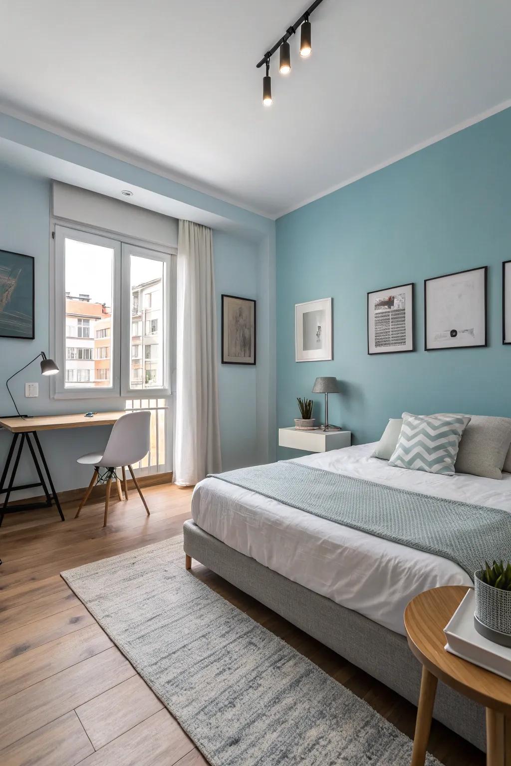 A crisp and clean bedroom with ice blue walls for a refreshing and modern touch.