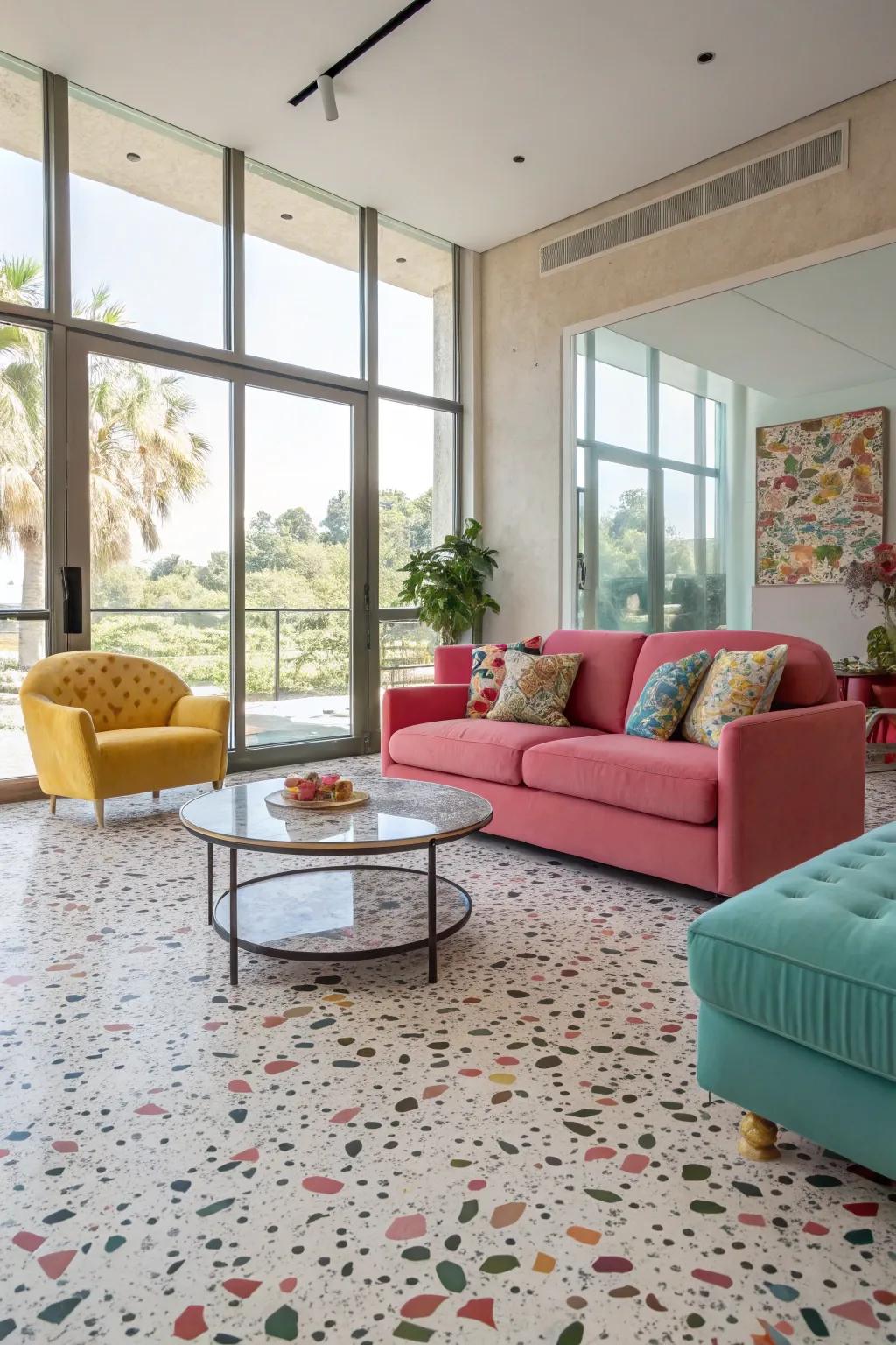 Fashionable living room featuring striking terrazzo floors