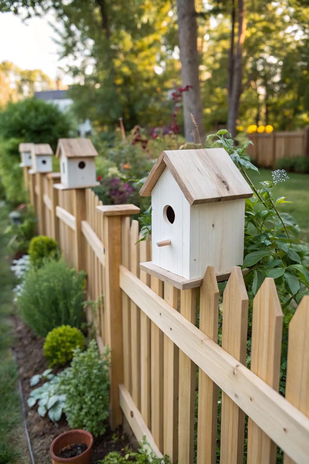 Minimalist birdhouses add a touch of modern elegance to the fence.