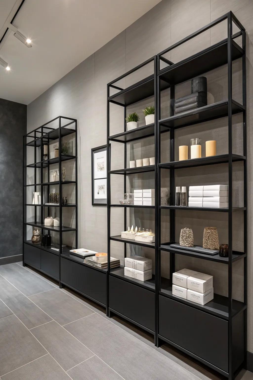 An area featuring sleek black shelving against grey walls, creating a modern look.