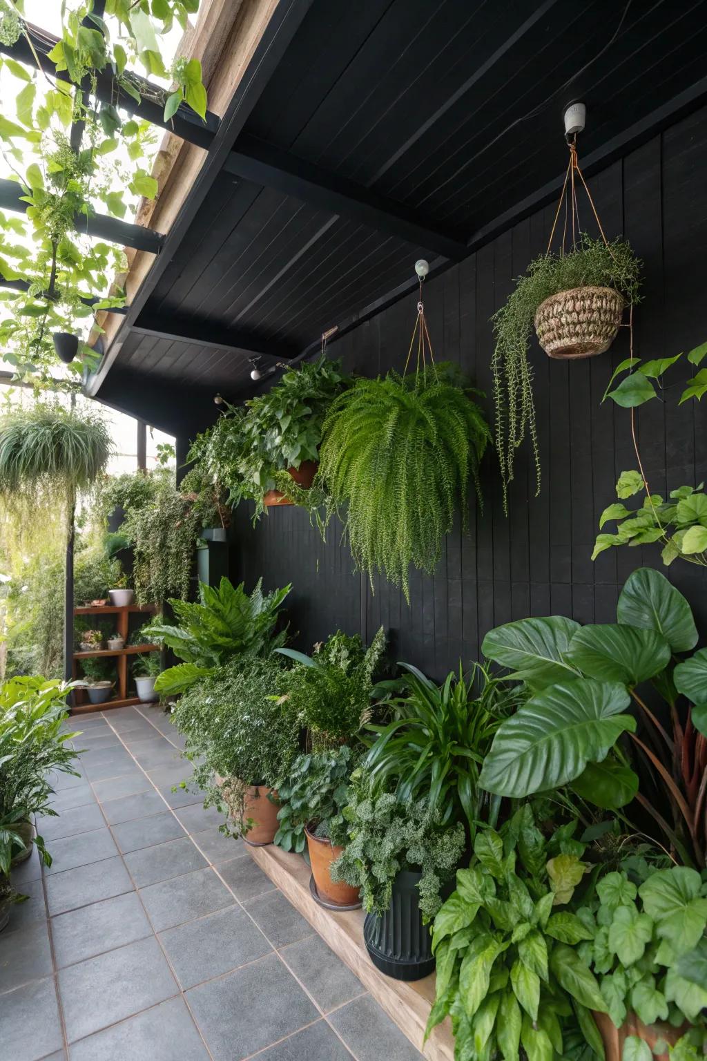 A serene space where a black ceiling meets nature-inspired decor.