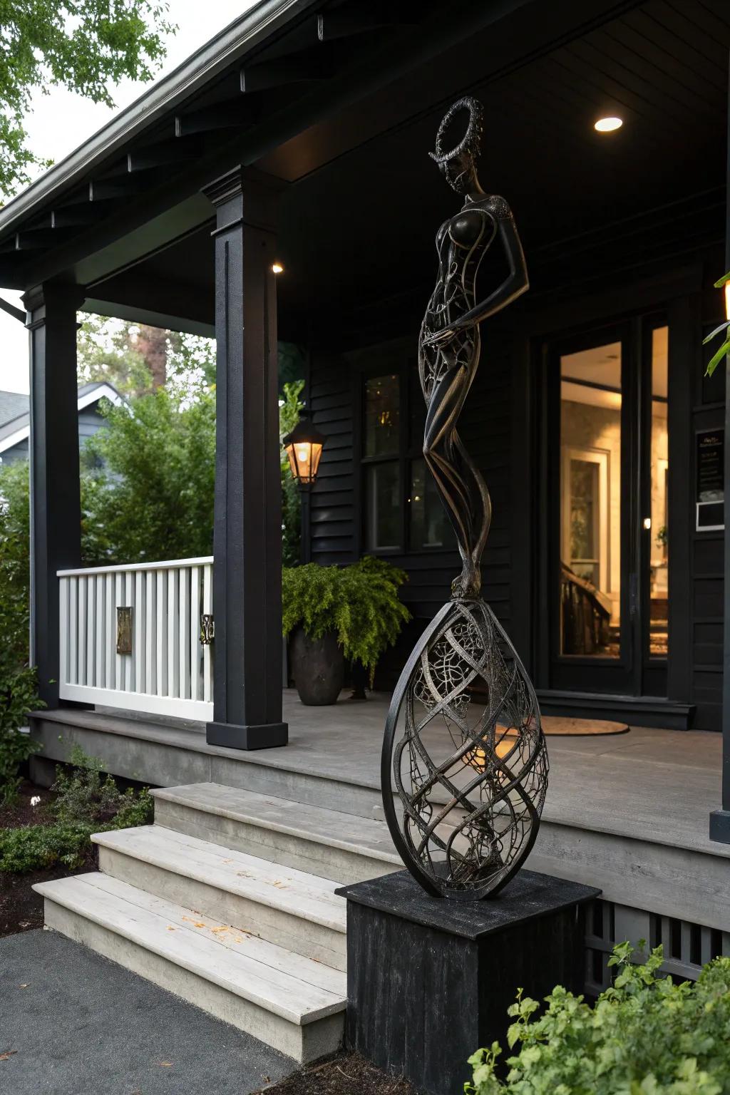 A dark porch featuring an unusual metal sculpture as an art piece.