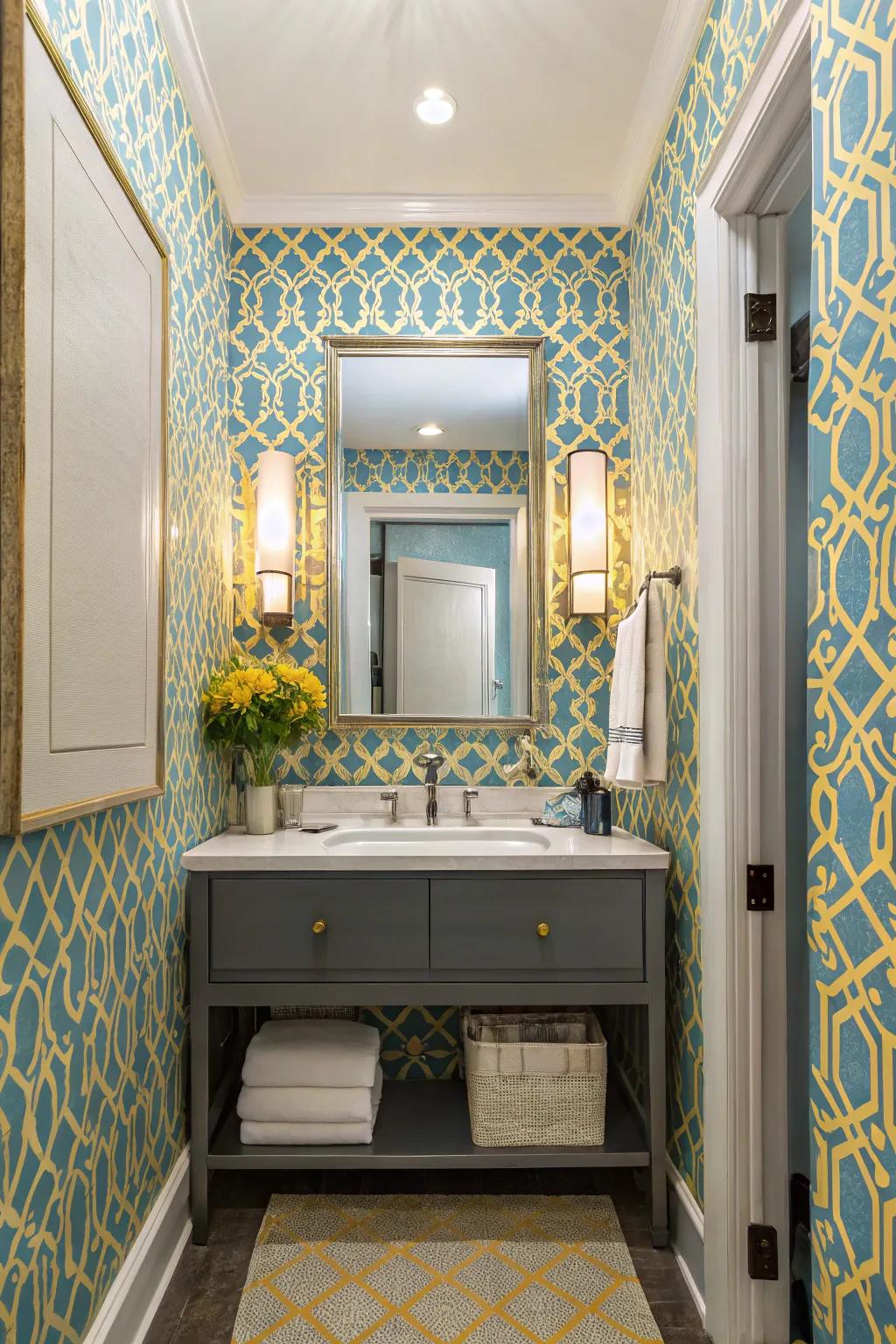 A guest lavatory transformed with striking azure and amber paper.