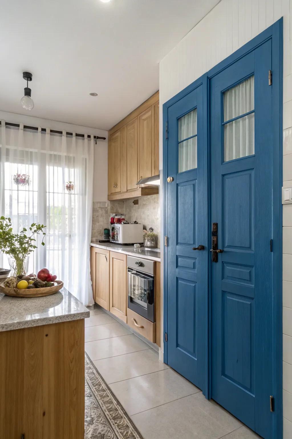 Blue pantry doors bring a pop of color to the kitchen.