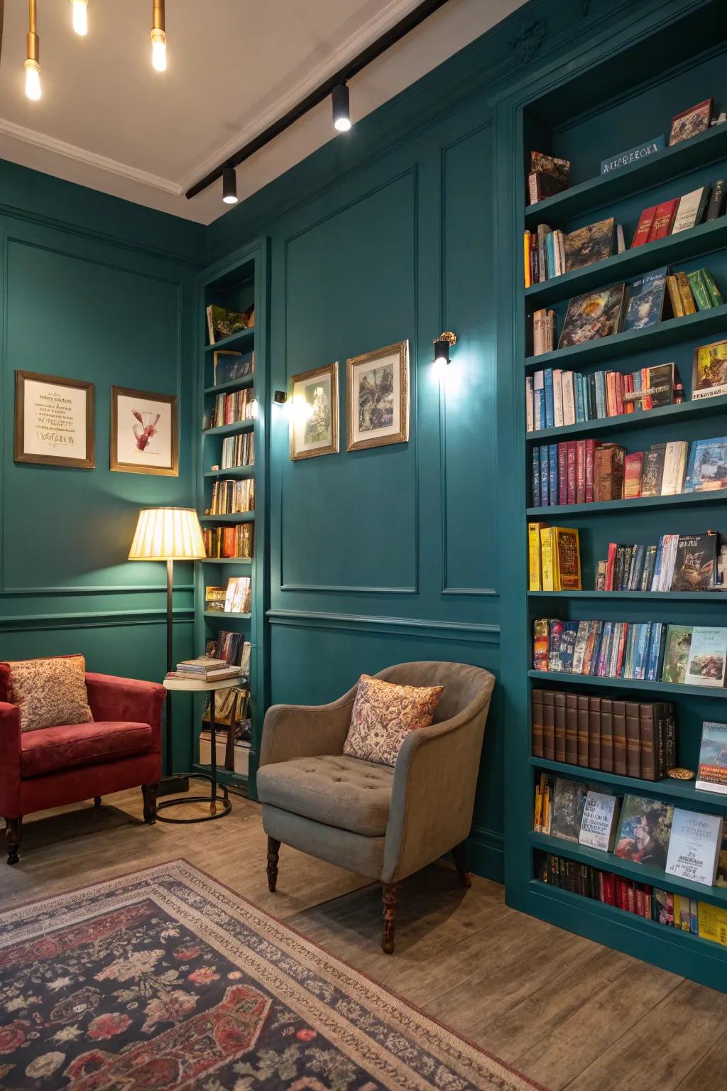 Striking teal walls offer a captivating base for books.