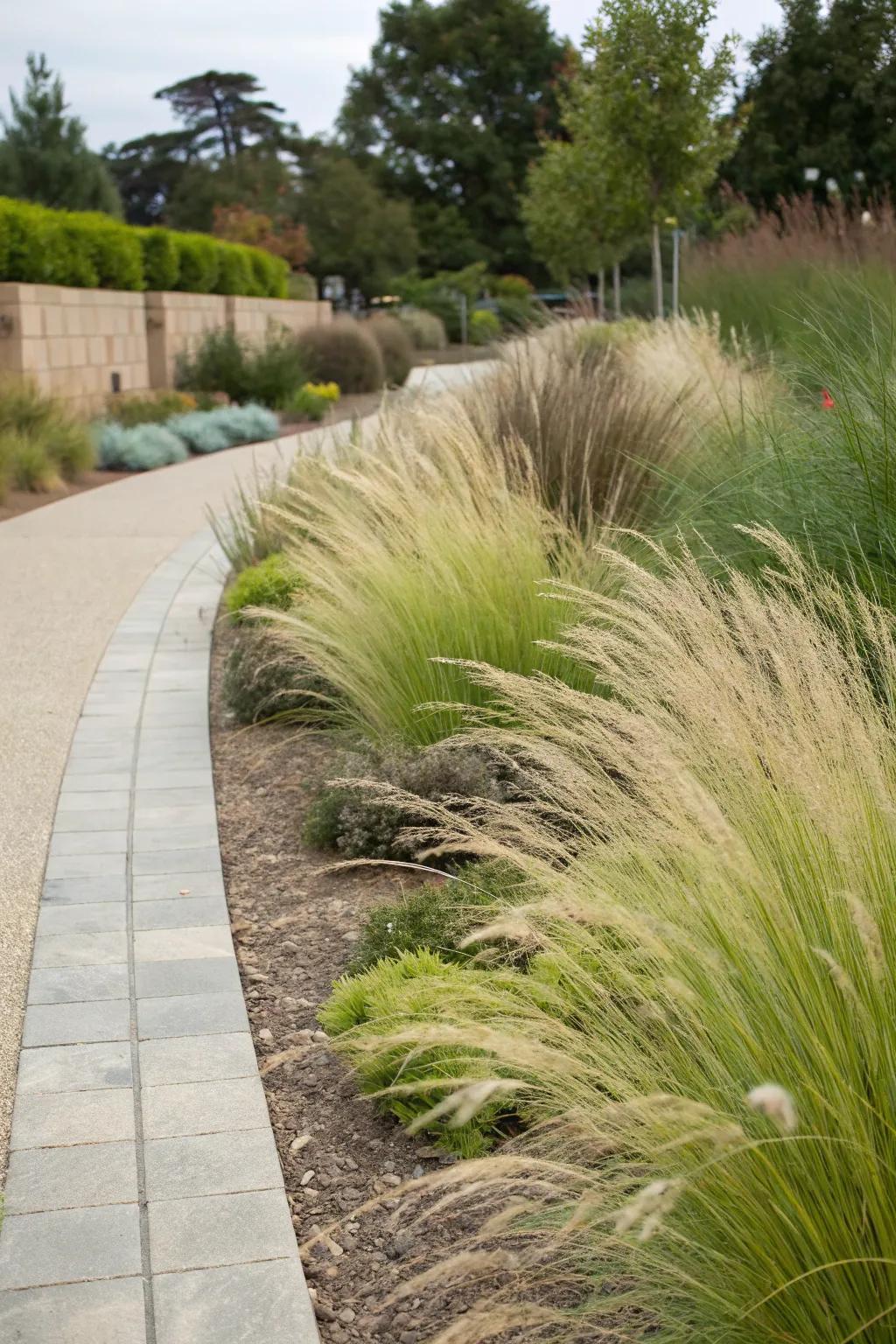 Water-conserving grasses create an eco-responsible edge.