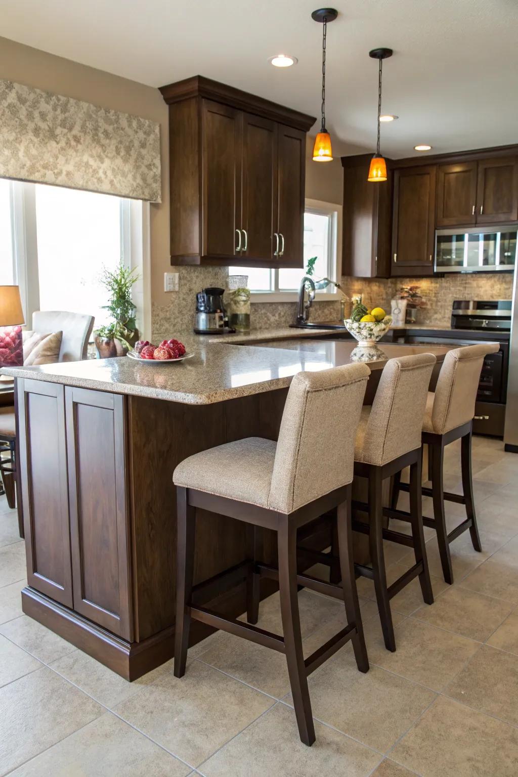 A space-efficient L-shaped breakfast bar in a modern kitchen.