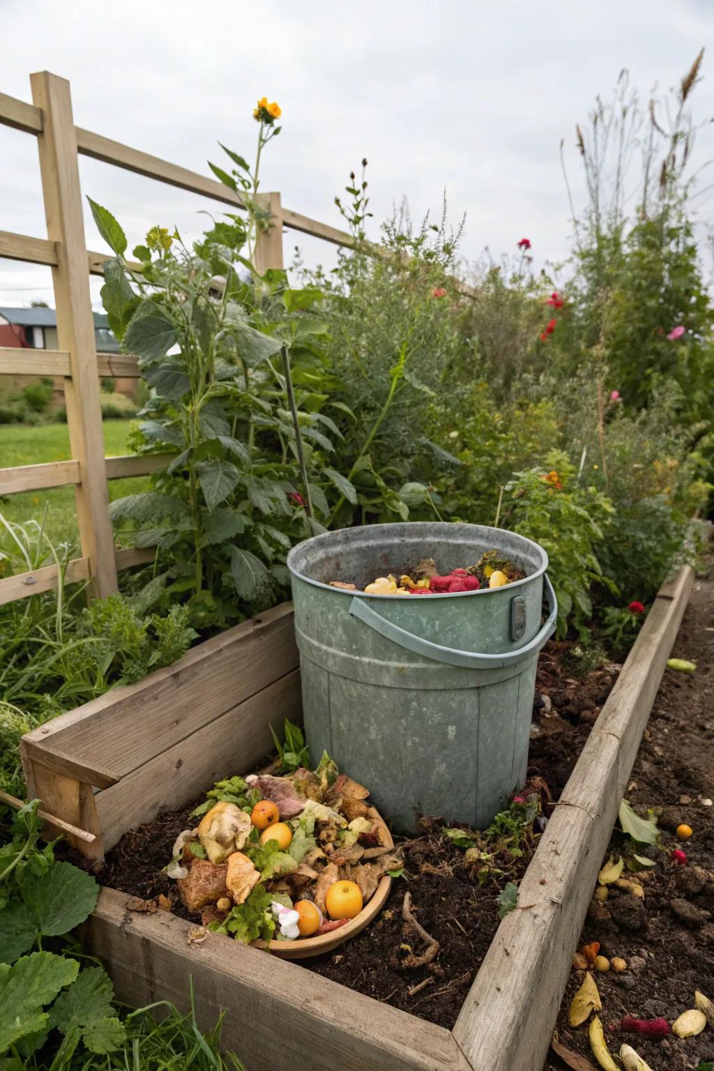 A bucket compost system enriching garden soil.