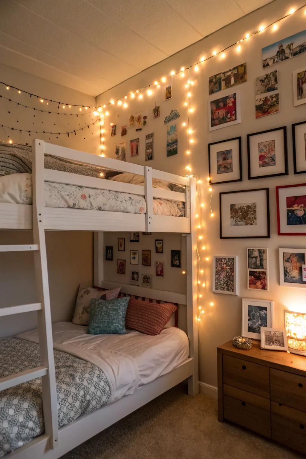 A picture wall adorned with lights introduces a personal accent.