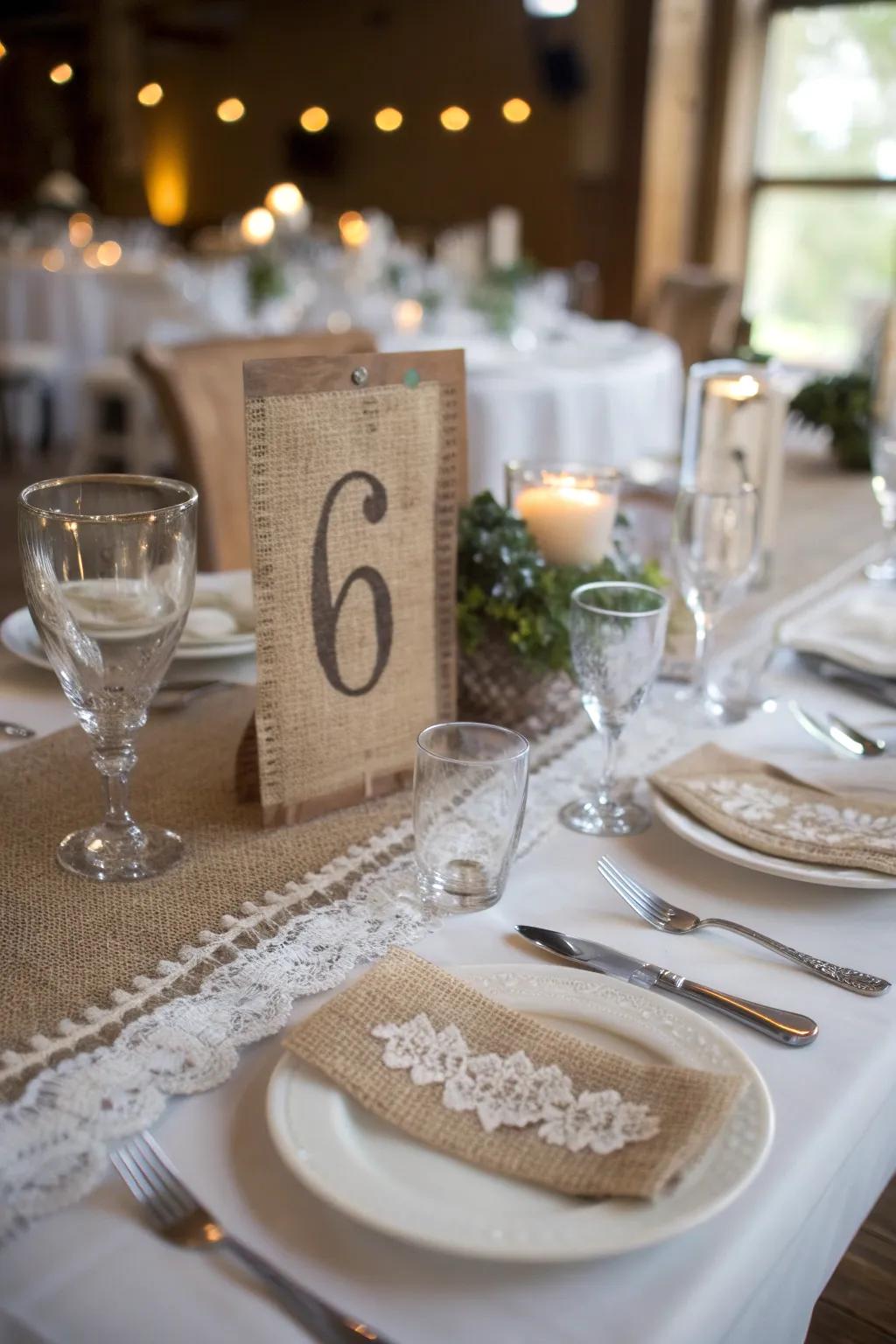 Personalize your table settings with burlap numbers.