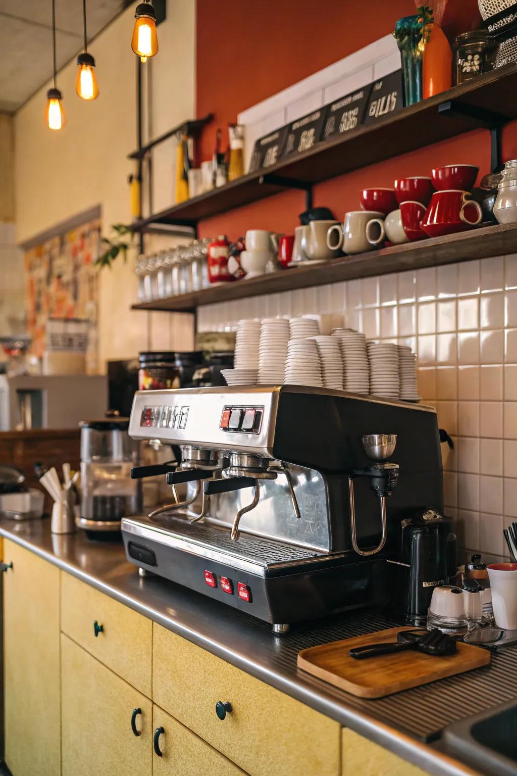 A dedicated coffee station in a cafe kitchen for coffee enthusiasts.