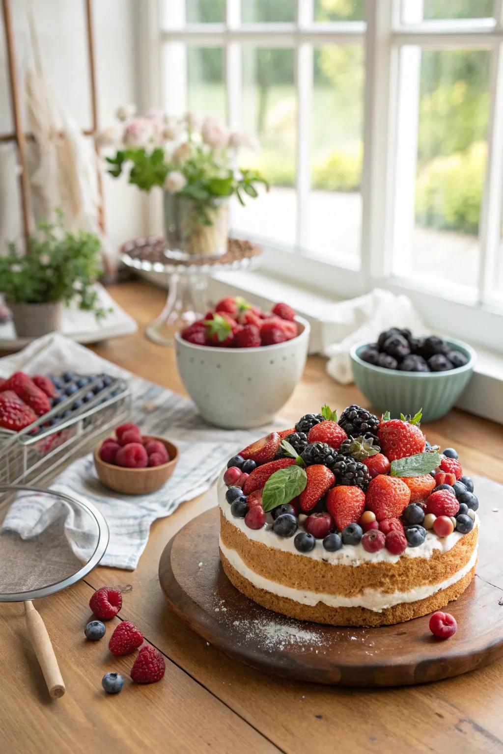 A berry fusion cake is abundant in color and flavor.