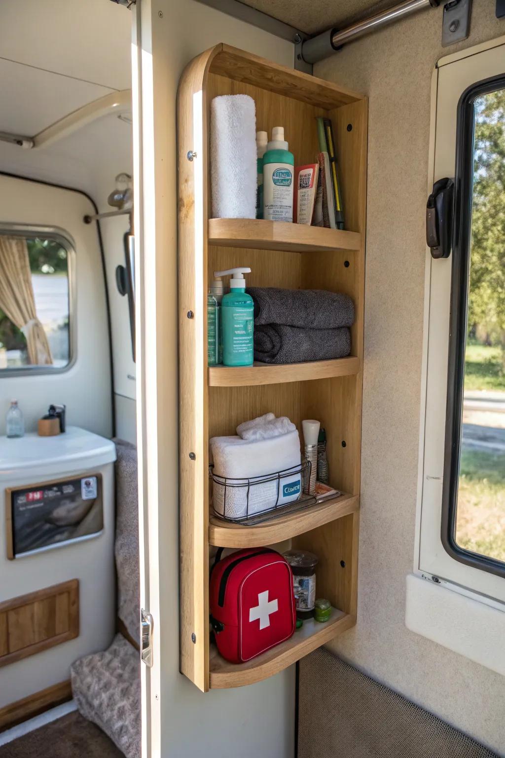 Corner shelving maximizing use of space in a camper bathroom.