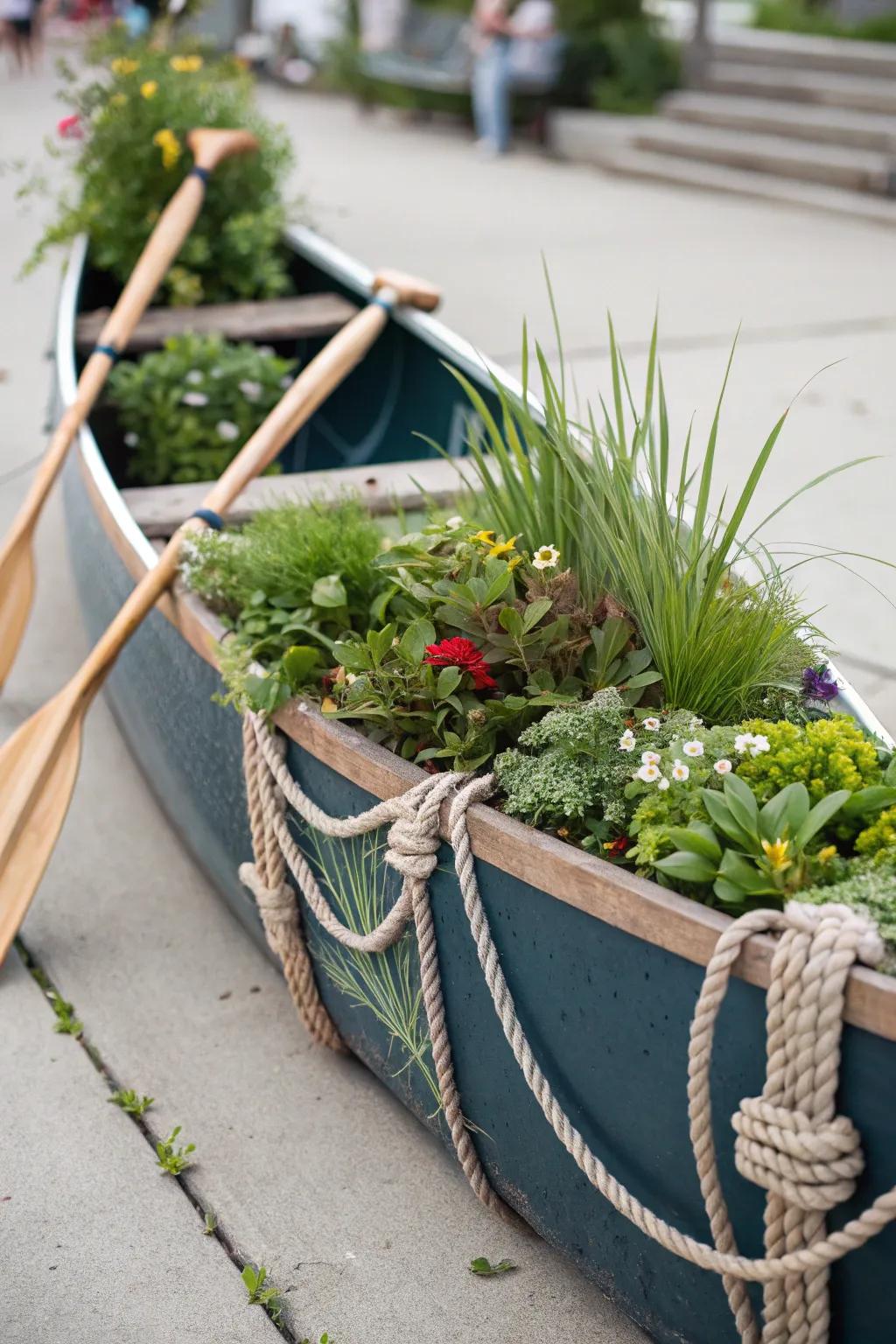 A nautical-themed canoe planter transports you to the sea.