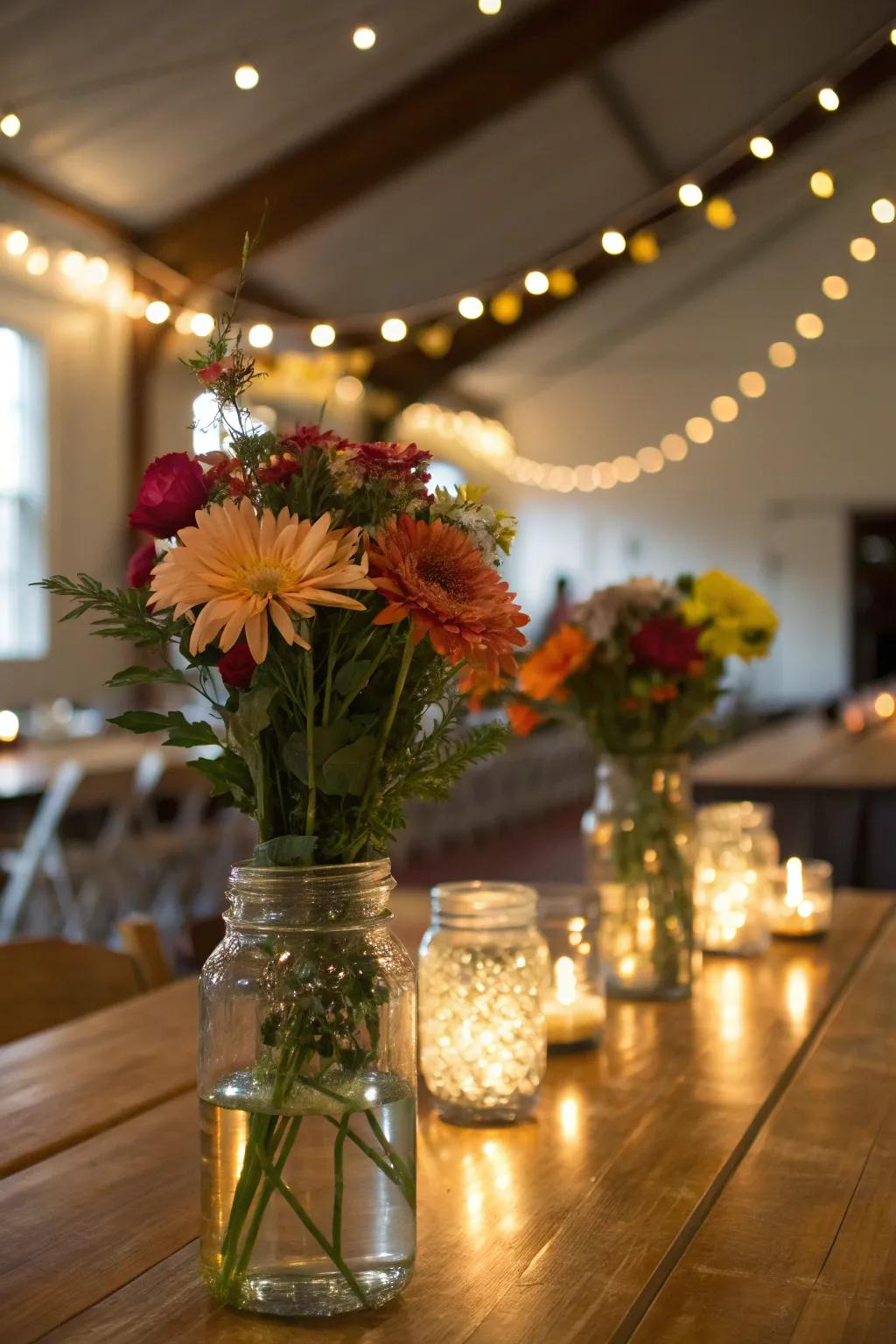 Mason jars with fairy lights and flowers for a rustic charm.