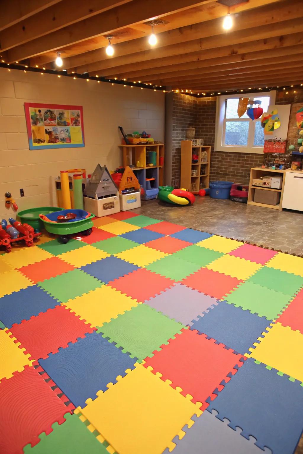 Elastic tiles foster a secure and playful setting for basement play zones.