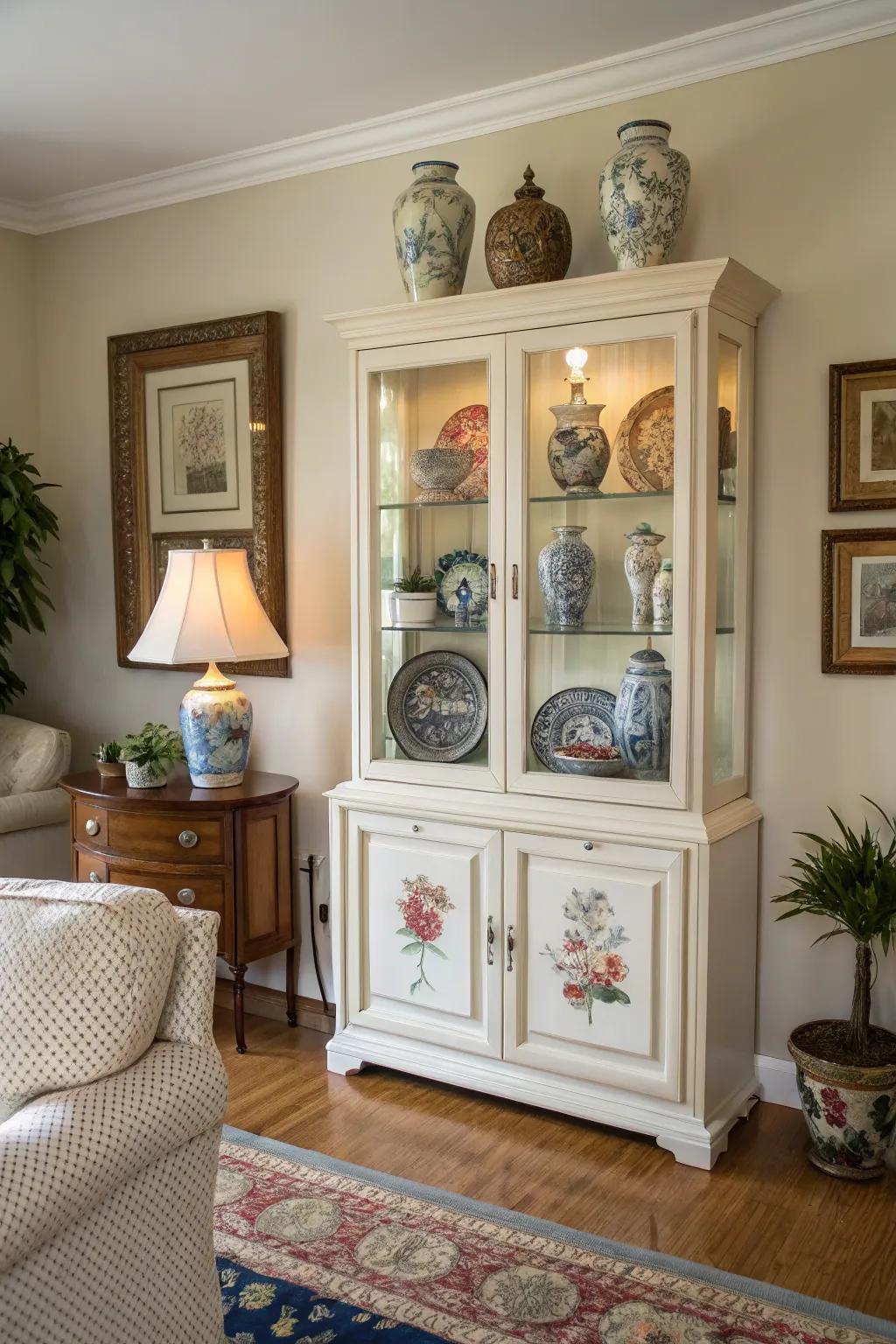 The top of a display case elegantly decorated with decorative items.