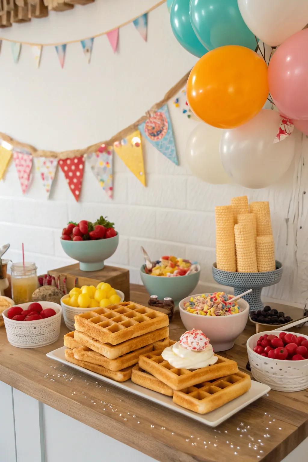 A festive waffle bar for a personalized brunch experience.