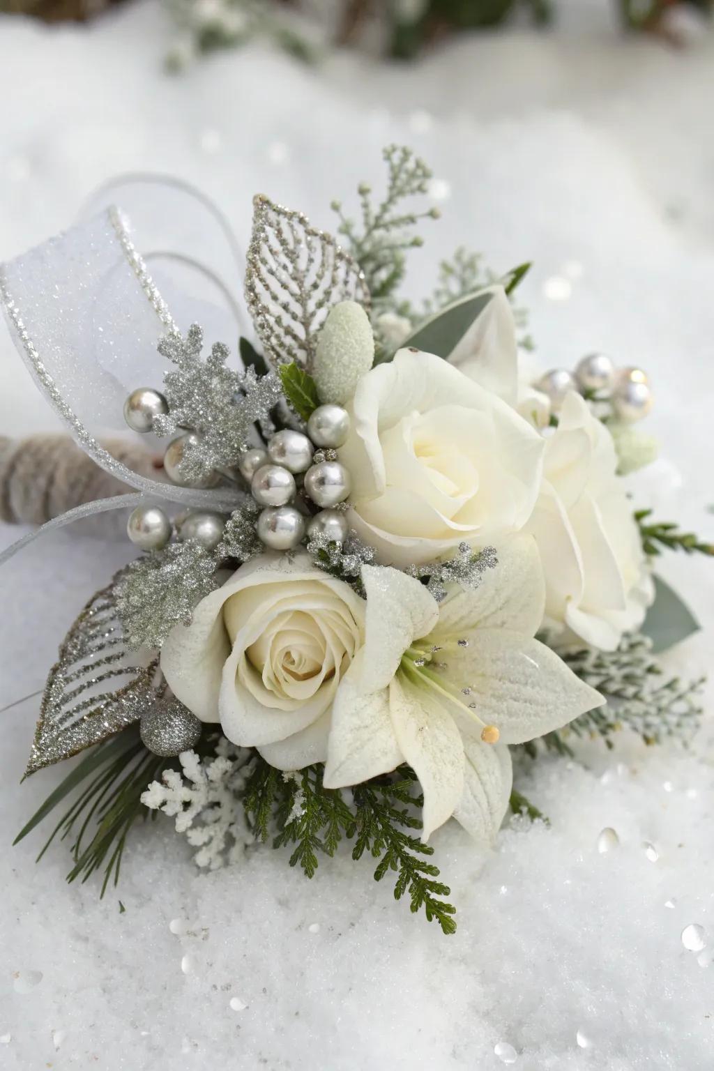 A serene Christmas corsage with white and silver elements.