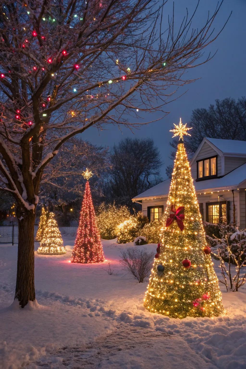 Animated light show trees adding dynamic flair to a Christmas yard display.